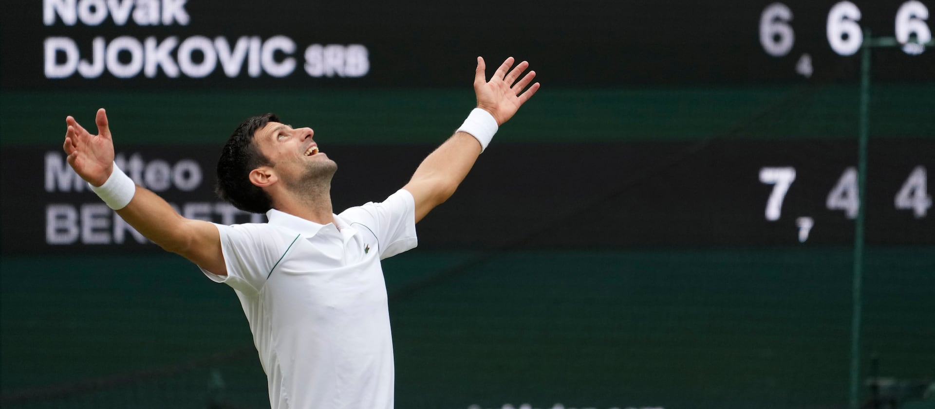 Serbia’s Novak Djokovic celebrates his victory over Italy’s Matteo Berrettini in the men’s singles final match at Wimbledon.