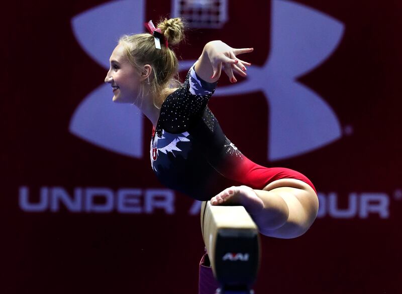 Utah's Shannon McNatt balances on the beam during the Penn State versus University of Utah gymnastics meet at the Huntsman Center in Salt Lake City on Saturday, Jan. 5, 2019.