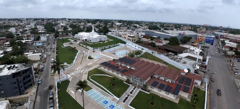 Solar panels are seen on the roof of the meetinghouse of The Church of Jesus Christ of Latter-day Saints that is adjacent to the Tampico Mexico Temple.