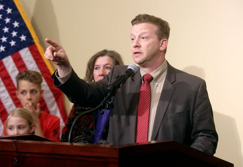 FILE - Sen. Todd Weiler, R-Woods Cross, answers questions during a press conference at the Capitol in Salt Lake City on Monday, March 11, 2019, about what Valley View Elementary School teacher Moana Patterson says was a misunderstanding with a student on