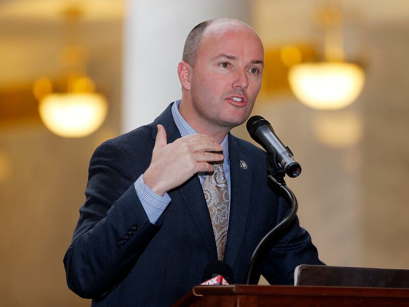 Lt. Gov. Spencer Cox speaks during Tech Day on the Hill at the Capitol in Salt Lake City on Thursday, Feb. 15, 2018.