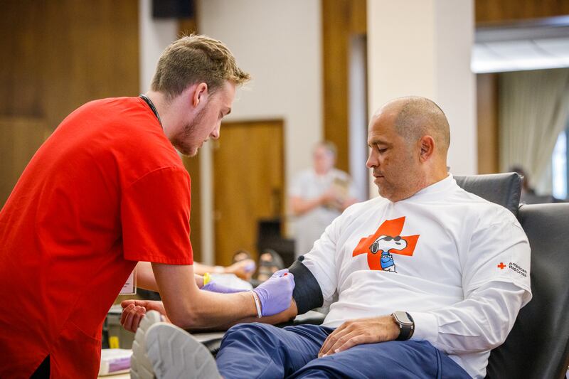 Brigham Young University–Hawaii President John S.K. Kauwe III donates blood at the Church Office Building in Salt Lake City, Utah, on June 14, 2023.