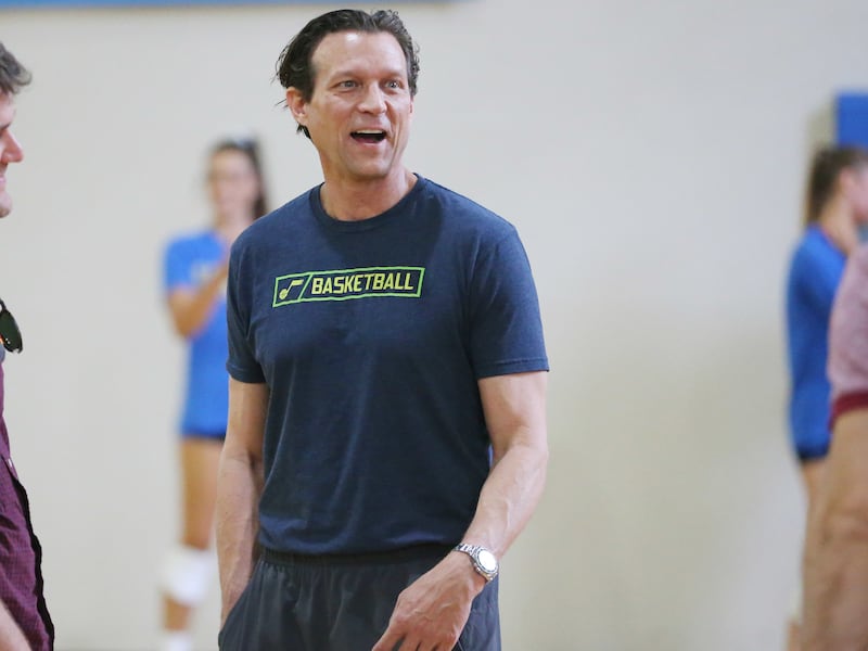 Utah Jazz head coach Quin Snyder talks after practice at UCLA in Los Angeles on Monday, April 17, 2017.