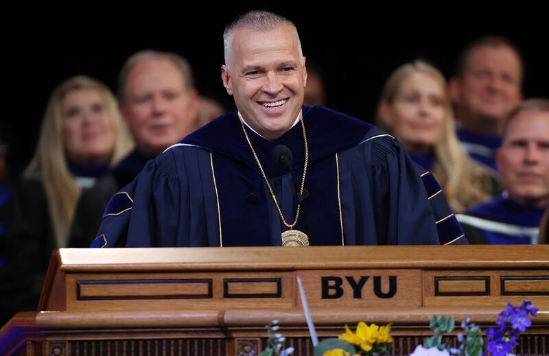 BYU President C. Shane Reese smiles as he speaks during inauguration as BYU’s 14th president on Tuesday, Sept. 19, 2023.