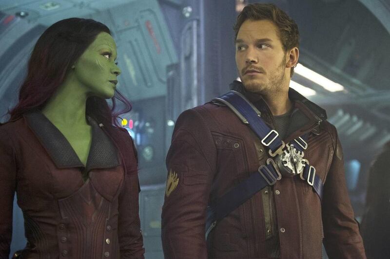 Gamora (Zoe Saldana), from left, and Peter Quill/Star-Lord (Chris Pratt) in Marvel’s Guardians of the Galaxy.