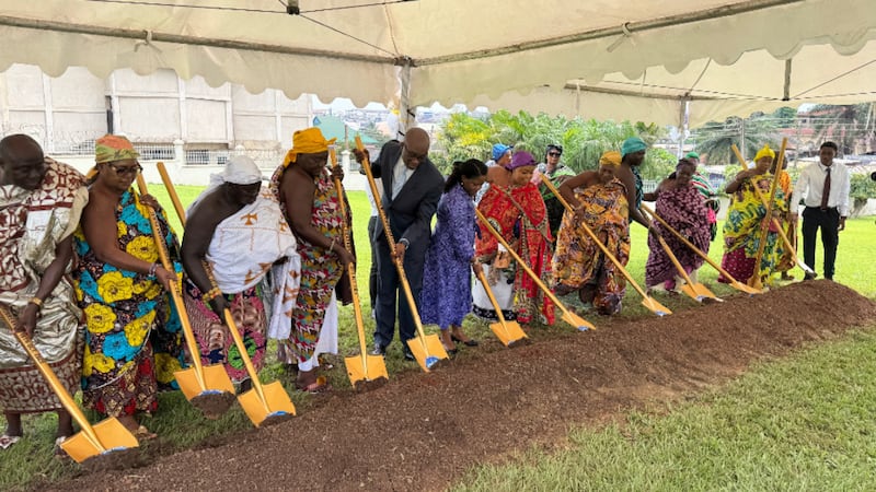 Elder Isaac K. Morrison — a General Authority Seventy and second counselor in the Church’s Africa West Area presidency, fifth from left — joins local Church and community members to break ground for the Kumasi Ghana Temple on Saturday, Oct. 18, 2025, in Kumasi, Ghana.