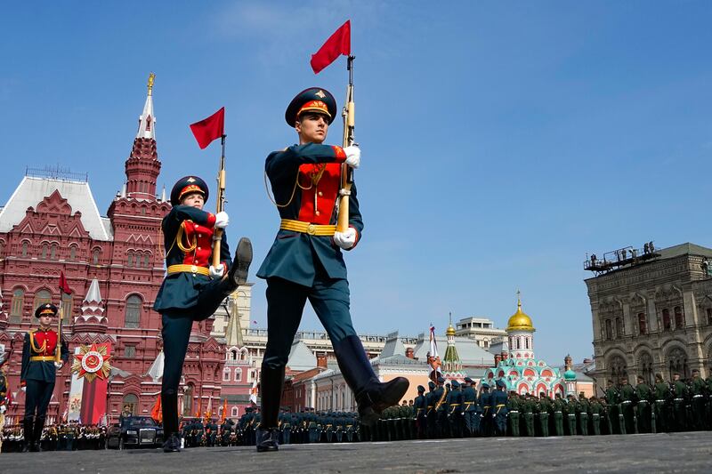 Russian military linemen march during a dress rehearsal for the Victory Day military parade in Moscow, Russia.