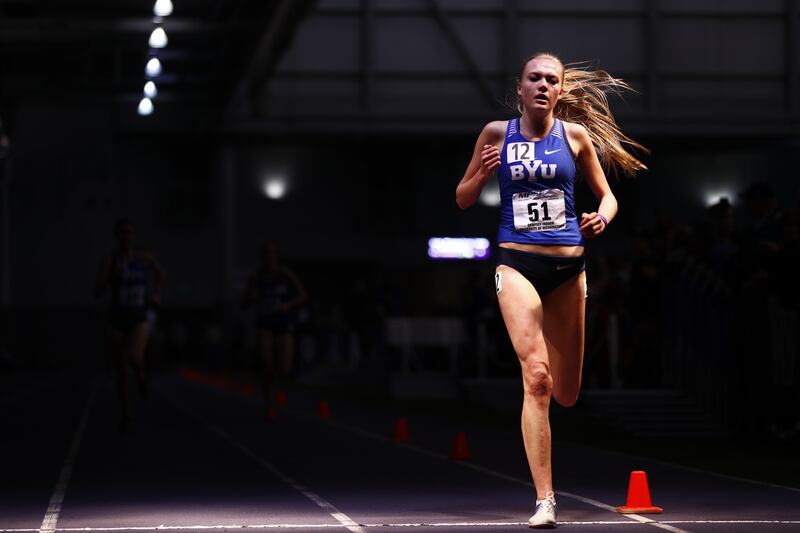 Olivia Hoj competes in the 3,000m at the 2018 MPSF Championships. Hoj clocked a 9:11.75 in the 3,000m at the UW Invite to earn the No. 2 spot all-time on BYU's record board.