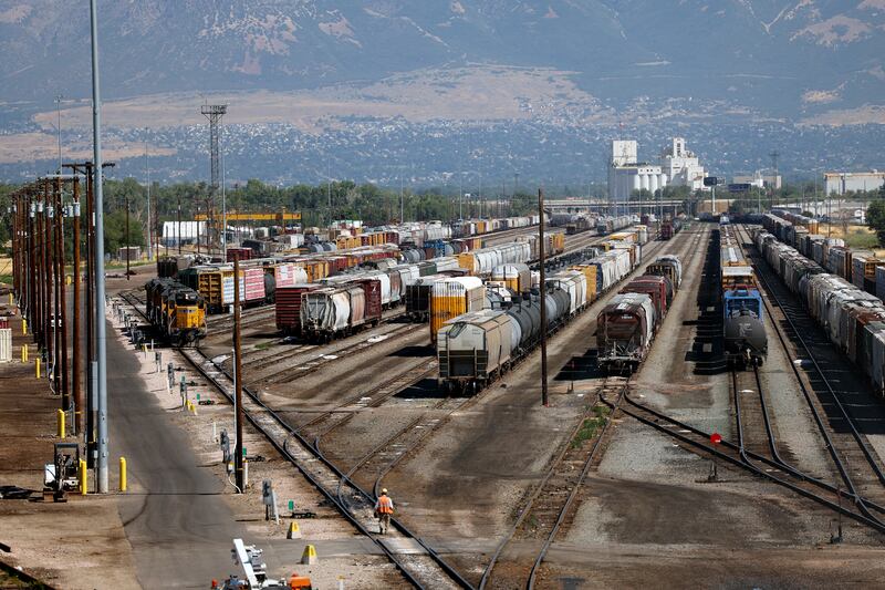 Trains sit on tracks at a rail yard in Riverdale, Weber County, on Tuesday, Aug. 23, 2022.