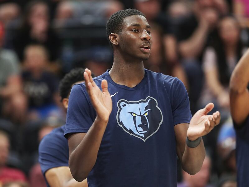 Memphis Grizzlies forward Jaren Jackson Jr. cheers teammates during the NBA Utah Jazz summer league in Salt Lake City on Thursday, July 5, 2018.