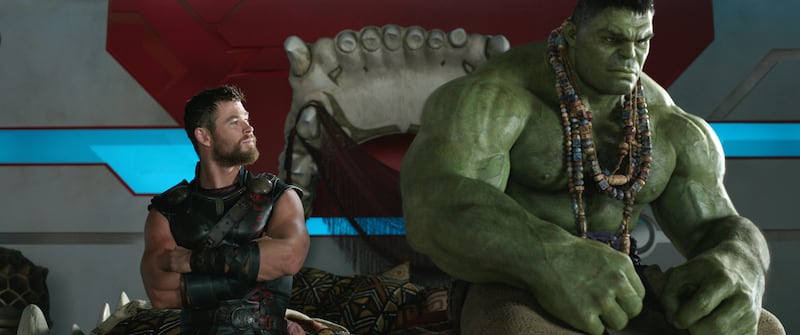 This image released by Marvel Studios shows Chris Hemsworth, left, and the Hulk in a scene from “Thor: Ragnarok.”