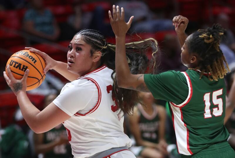 Utah Utes forward Alissa Pili (35) receives a pass during a women’s basketball game at the Huntsman Center on Nov. 6, 2023.