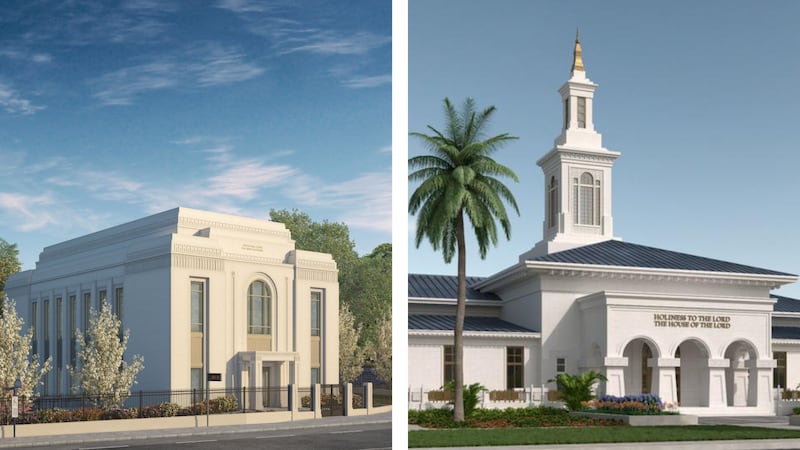 Exterior renderings of the Vienna Austria Temple, left, and Pago Pago American Samoa Temple, right.