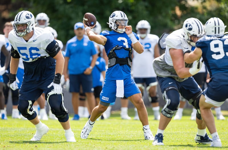 BYU quarterback Jaren Hall gets in some reps during practice Aug. 15, 2022, in Provo.