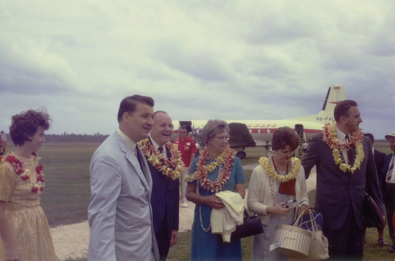 Historic photo taken in Tonga in 1968 shows Sister Jean Groberg, left, with her husband, John H. Groberg as a 38-year-old mission president; Elder Howard W. Hunter with his wife, Sister Clara May Hunter, and Elder Thomas S. Monson with his wife Sister Fra