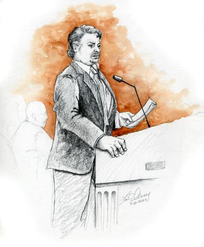 This courtroom sketch depicts defense attorney Jim Archibald speaking during opening statements of Lori Vallow Daybell’s murder trial in Boise, Idaho.