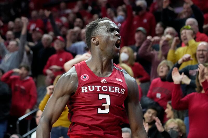 Rutgers' Mawot Mag reacts to a big play during game against the Ohio State, Sunday, Jan. 15, 2023, in Piscataway, N.J.
