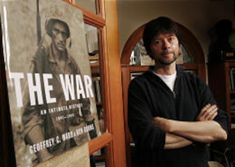 Documentary filmmaker Ken Burns poses at his office in Walpole, N.H. Burns, criticized for overlooking the role of Hispanic soldiers in his new World War II documentary, said Wednesday that nearly a half-hour of footage on Hispanic and American Indian vet