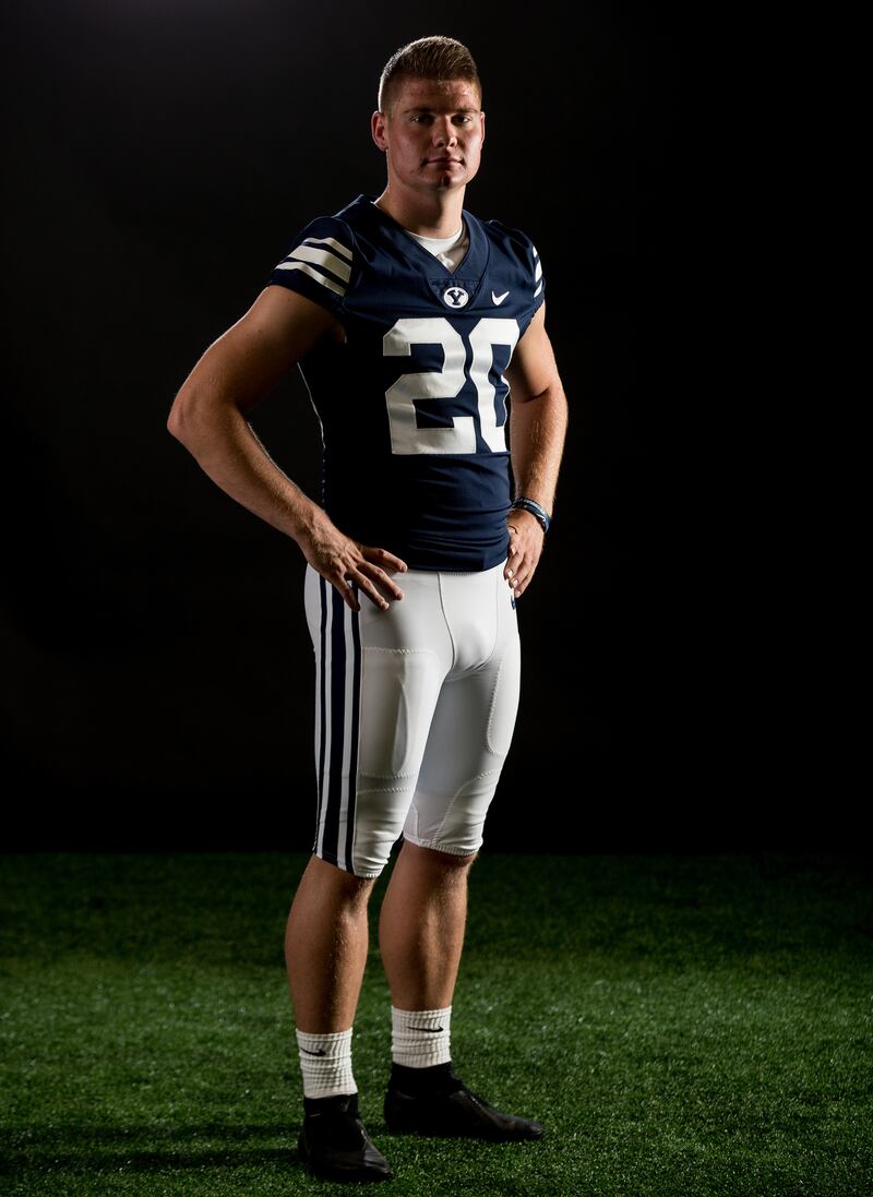 Kicker Skyler Southam poses for a photo at BYU's Indoor Practice Facility in Provo on Wednesday, Aug. 8, 2018.