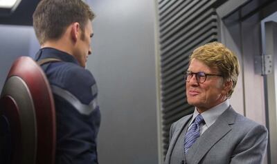 L to R: Alexander Pierce (Robert Redford) & Captain America/Steve Rogers (Chris Evans) the Russo brother's directed film "Marvel's Captain America: The Winter Soldier."