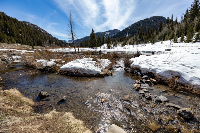 The diminishing snowpack near the North Fork trailhead in Big Cottonwood Canyon is pictured on Friday, April 1, 2022.