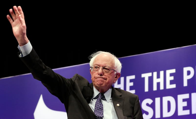 Democratic presidential candidate Sen. Bernie Sanders, I-Vt., waves as he attends a presidential forum held by She The People on the Texas State University campus Wednesday, April 24.
