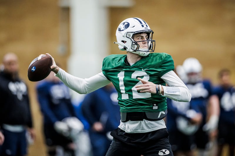 BYU QB Jake Retzlaff throws at the Cougars Indoor Practice Facility during spring camp.