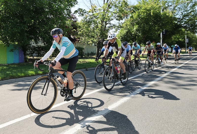 Cyclist Stan Swallow, 83 years old, rides in front with friends in Provo on Tuesday, June 27, 2023.