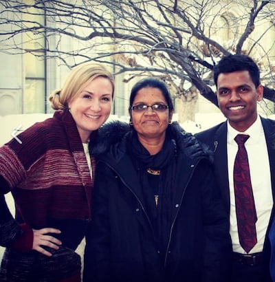 Amy Antonelli, left, stands with David Aruldass, right, and his mother, Kala, middle, in 2015 when Kala traveled to Utah from India to attend the temple. Kala is now the Head Housemother in the Rising Star Outreach children's home in India.