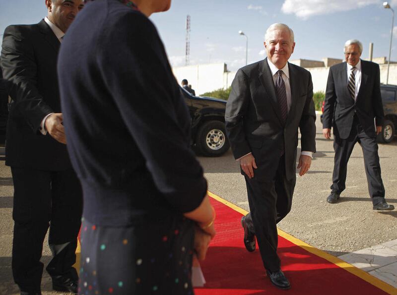 Defense Secretary Robert Gates arrives at the presidential palace for a meeting with Iraqi President Jalal Talabani, Thursday, April 7, 2011, in Baghdad, Iraq.