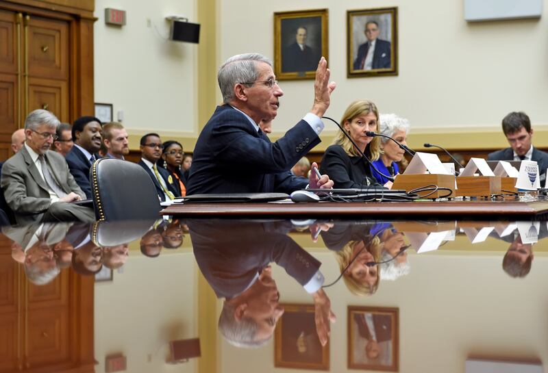 Dr. Anthony Fauci, center, director of the National Institute of Allergy and Infectious Diseases, testifies in Washington.