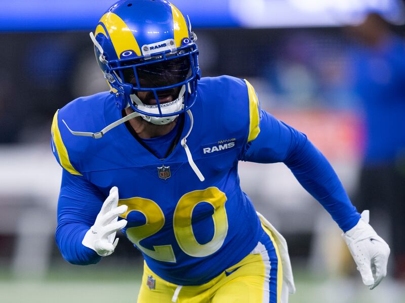 Los Angeles Rams safety Eric Weddle warms up before wild-card game against Arizona, Jan. 17, 2022, in Inglewood, Calif.