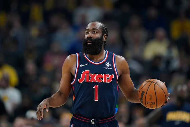 Philadelphia 76ers’ James Harden dribbles during an NBA basketball game against the Indiana Pacers.