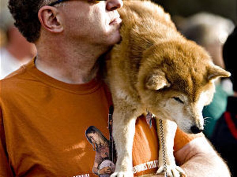 Grant Hogarth holds his dog, Kitsu, as he listens to Salt Lake Mayor Ralph Becker and staff talk about plans to cut number of off-leash acres in Parleys Historic Nature Park.