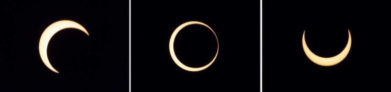 File-In this Jan.15, 2010 file photo showing a combination of three separate photographs, the various stages of an annular solar eclipse seen over Anuradhapura, Sri Lanka. An annular solar eclipse occurs when the moon blots out all but a ring around the