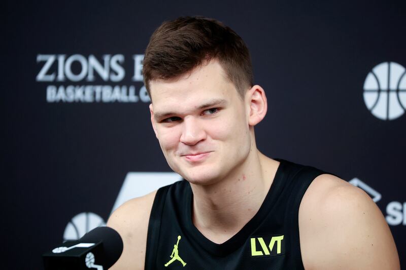 Center Walker Kessler talks to members of the media during Utah Jazz media day at the Zions Bank Basketball Center in Salt Lake City on Monday, Oct. 2, 2023.