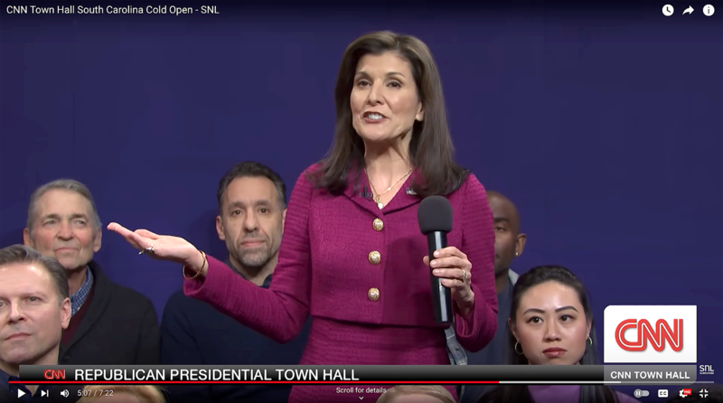 Republican presidential candidate Nikki Haley appeared this past weekend on “Saturday Night Live’s” cold open on Feb. 2, 2024.