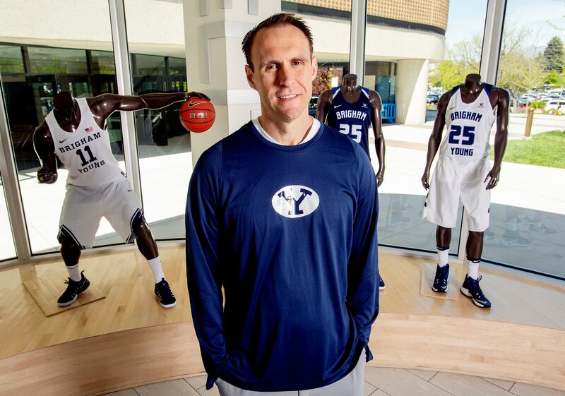 BYU assistant basketball coach Chris Burgess poses for photos while at the Marriott Center Annex in Provo on Friday, May 3, 2019.