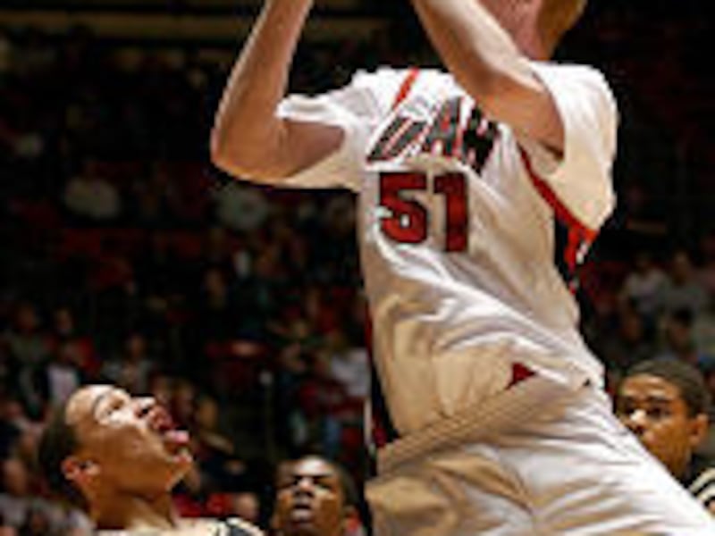 Utah's Jonas Langvad shoots over Colorado's Richard Roby in Thursday's game at the Huntsman Center.
