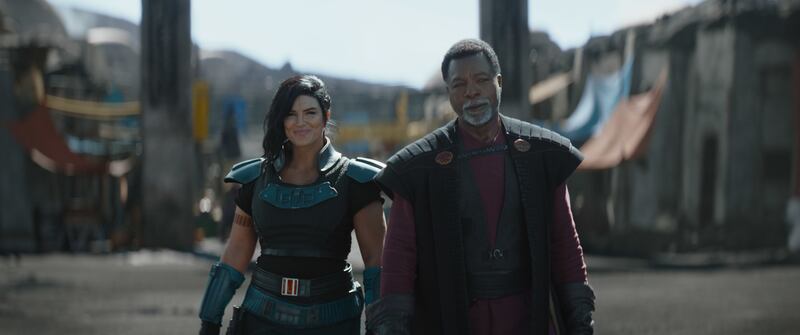 Greef Karga (Carl Weathers), Cara Dune (Gina Carano) in “The Mandalorian.” Gina Carano is linking up with Ben Shapiro for a new project.