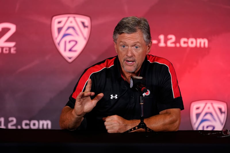 Utah head coach Kyle Whittingham answers questions during the Pac-12 football media day, July 27, 2021, in Los Angeles.