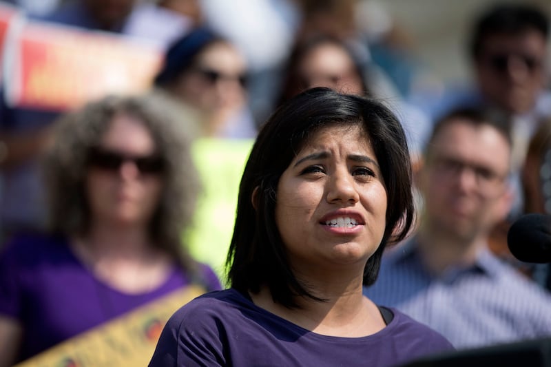 Nidia Romero speaks at a gathering of DACA supporters at the Capitol in Salt Lake City on Tuesday, Sept. 5, 2017.