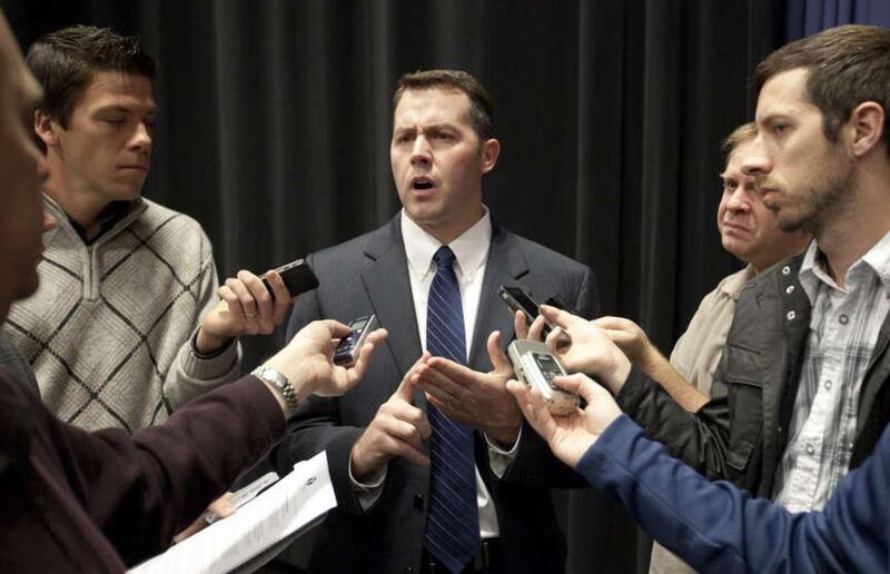 BYU football running backs coach and recruiting coordinator Joe DuPaix speaks to reporters at a press conference held in the BYU Broadcast Building during National Signing Day. DuPaix, a Salt Lake City native, was named the head coach at Southern Virginia