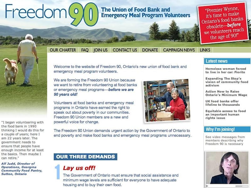 Elderly volunteers in Ontario have launched a campaign to make food banks obsolete and reduce poverty in their communities so they can retire by age 90.