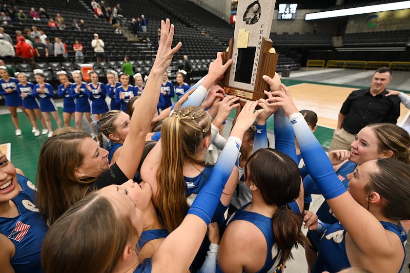 Parowan players celebrate after winning the 2A Volleyball championship at UVU on Saturday, Oct. 28, 2023.