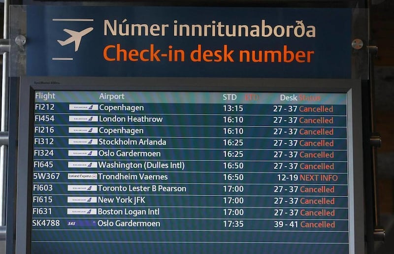 A flight information board marks flights as canceled at Keflavik airport, Keflavik, Iceland Sunday May 22, 2011 as Iceland closed its main international airport and canceled domestic flights as a powerful volcanic eruption sent a plume of ash, smoke and s