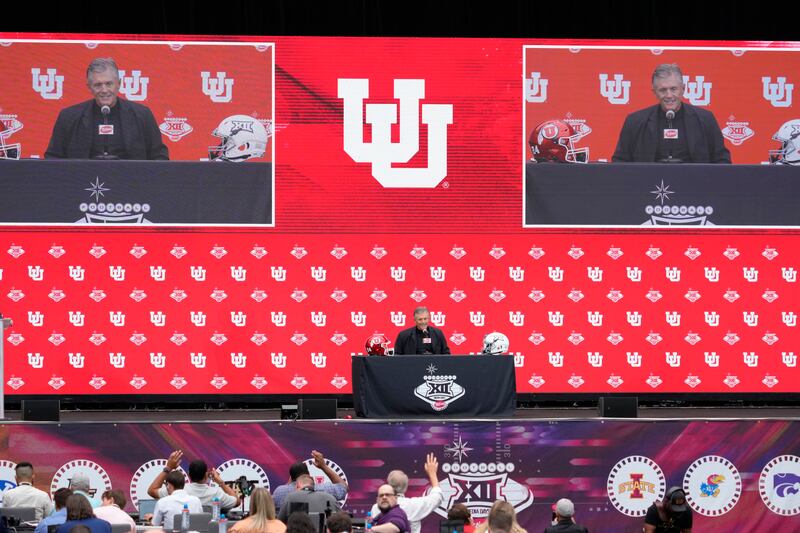 Utah head coach Kyle Whittingham speaks during the Big 12 football media days in Las Vegas, Tuesday, July 9, 2024.