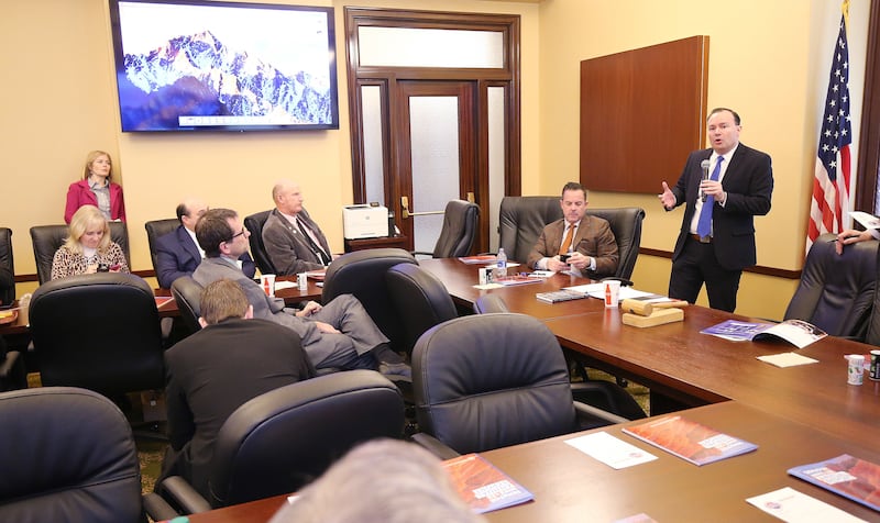 Sen. Mike Lee (R-UT) meets with the House Majority Caucus of the Utah Legislature at the Capitol in Salt Lake City on Friday, March 1, 2019.