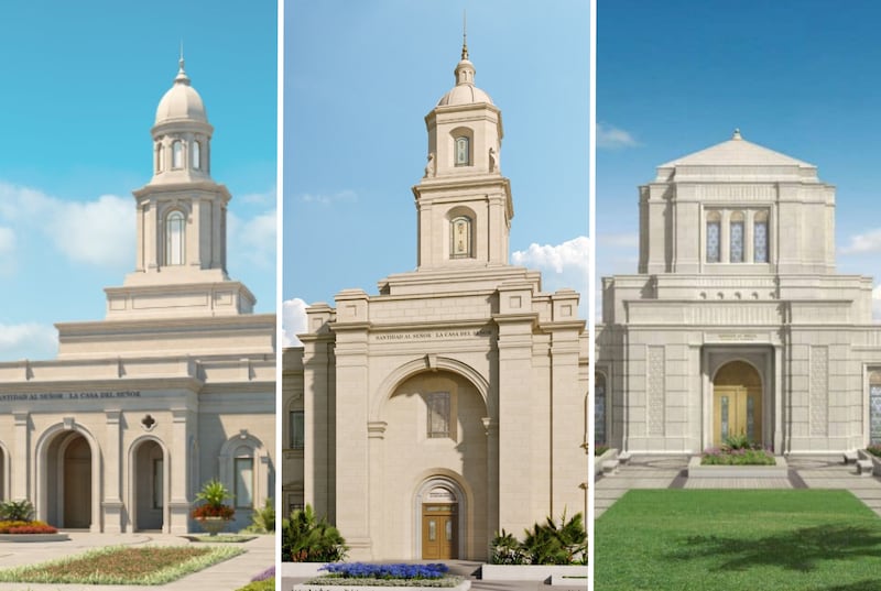 Architectural renderings of, from left, the Managua Nicaragua Temple, the Miraflores Guatemala City Guatemala Temple and the Belo Horizonte Brazil Temple.