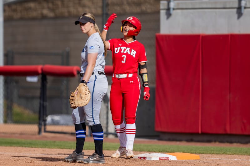 Utah's Shonty Passi celebrates getting on base during victory over BYU Friday, April 24, 2026, in Salt Lake City.